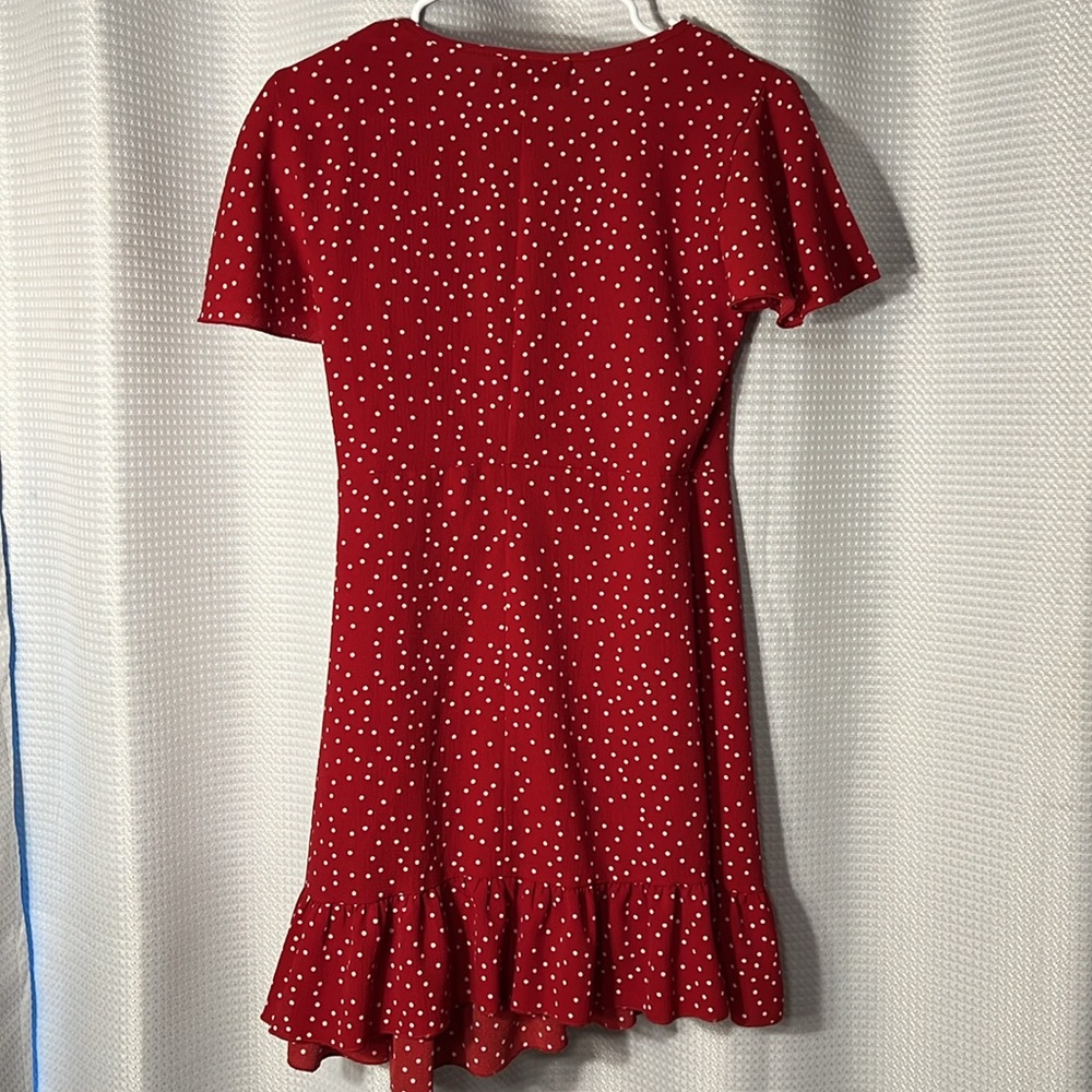 Relipop Women’s Wrap with Ruffle Hem Mini Red with white polka dot Dress - Picture 3 of 13
